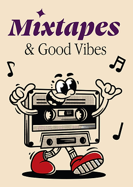 Mixtapes & Good Vibes Poster, Retro Cassette Cartoon Art, Vintage Music Wall Print