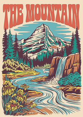 Retro Mountain Waterfall Landscape