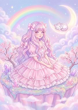 Cute Anime Girl in Pink Dress with Cat and Rainbow