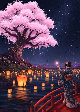 Woman Releasing Lantern Under Cherry Tree