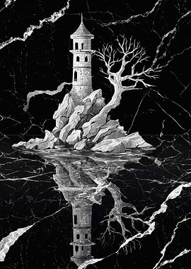 Lighthouse Tower Reflection Monochrome Art