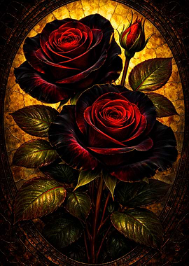 Dark Red Roses with Stained Glass Background