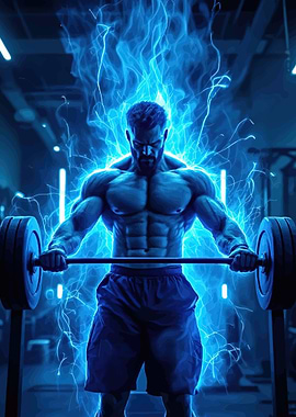 Muscular man lifting weights with blue energy