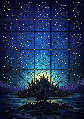 Stained Glass Constellations Over Island Landscape