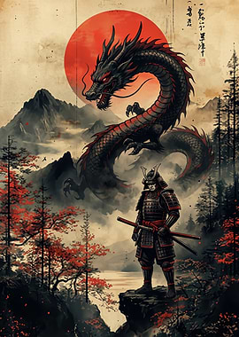 Samurai Facing Dragon Under Red Sun