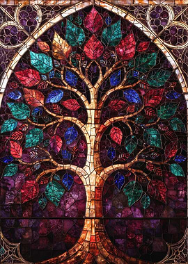 Art Nouveau Stained Glass Tree of Life