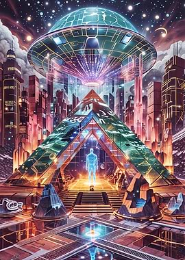 Futuristic Cityscape with UFO and Pyramid