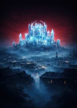 Crystal Cityscape Under Red Sky