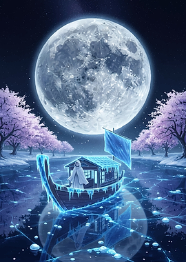 Enchanted Winter Boat Under Full Moon