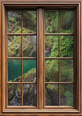 Window View of a Rainy Waterfall