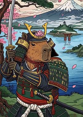 Samurai Capybara with Mount Fuji