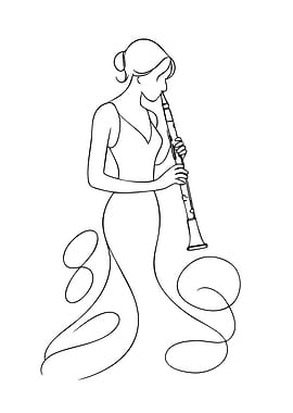 Woman playing clarinet line art