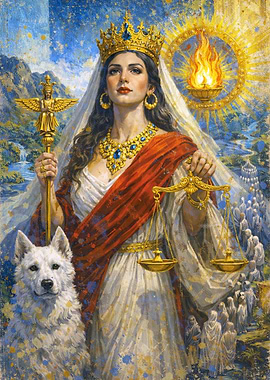 Daena Goddess of Justice with Scales and Dog
