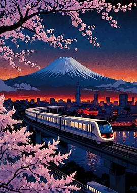 Mount Fuji and Cherry Blossoms with Train