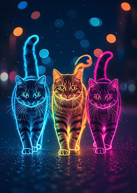 Neon Cats Walking in the City