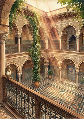 Courtyard with Islamic Architecture and Vines