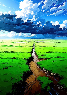 Path Through Green Field Under Dramatic Sky