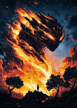 Fiery Monster Overlooking a Child