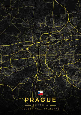 Prague City Map Obsidian Gold