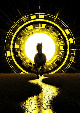 Horse running through a portal