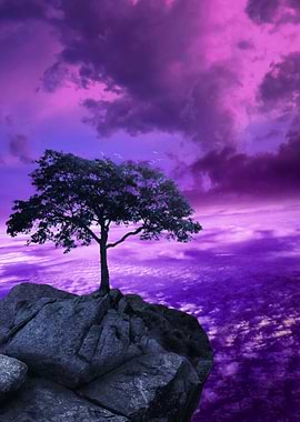 Surreal Tree on Rocky Outcrop Under Purple Sky