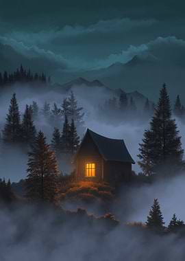 Misty Forest Cabin at Night