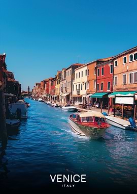 Venice Canal with Boats and Colorful Buildings