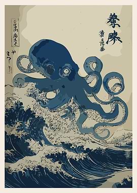 Giant Octopus in Japanese Wave Art
