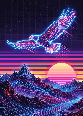 Retro Eagle Over Neon Mountains