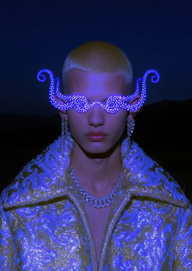 Avant-garde fashion portrait with glowing accessories