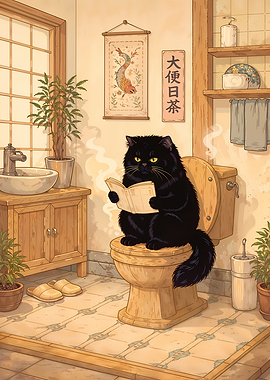Black cat reading on toilet