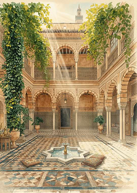 Courtyard with Fountain and Arches