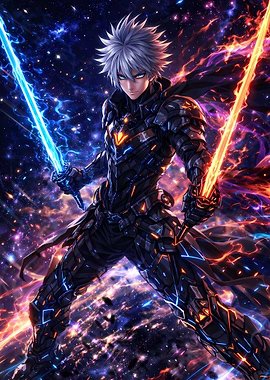 Anime Warrior with Energy Swords in Space