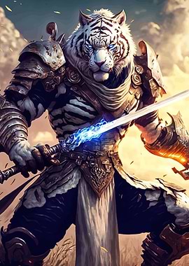 White Tiger Warrior with Glowing Sword