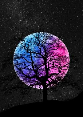 Silhouette Tree Against a Bicolored Moon