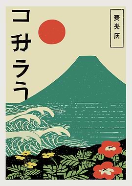 Japanese Landscape with Mount Fuji and Waves