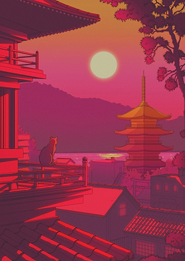 Cat overlooking Japanese cityscape at sunset