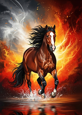 Horse running through fire and water