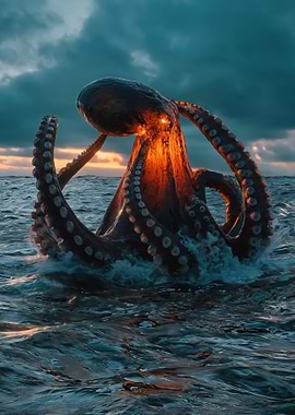 Giant Octopus Emerging from Ocean