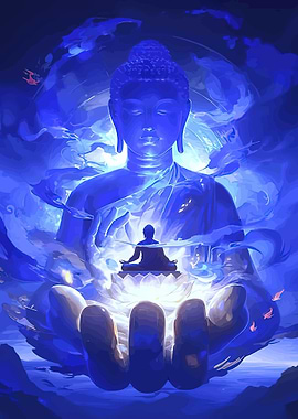 Buddha meditating in blue light