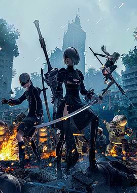 Nier Automata Characters in Ruined City