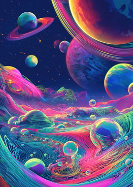 Vibrant Alien Landscape with Planets