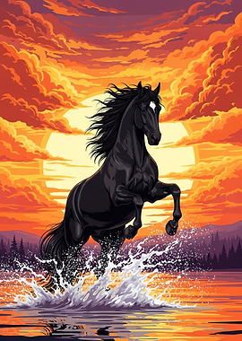 Black Horse Rearing in Sunset Water
