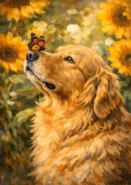 Golden Retriever and Butterfly in Sunflowers