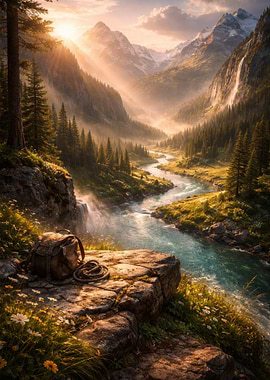 Serene Mountain Valley with River and Backpack