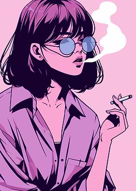 Anime Girl Smoking with Blue Glasses