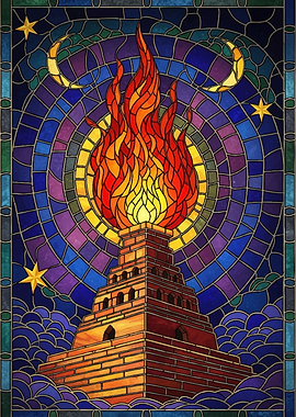 Stained Glass Tower of Babel with Fire