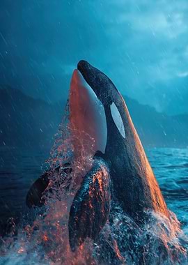 Orca Breaching in Stormy Seas