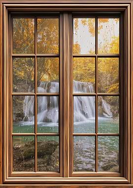 Waterfall through a rainy window