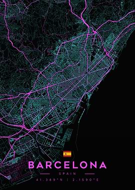 Barcelona Cyberpunk Neon City Map